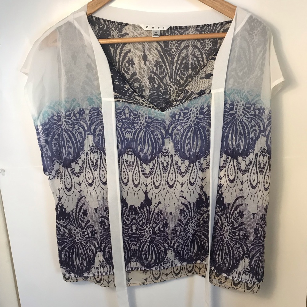 CABI sheer printed top shirt sleeve